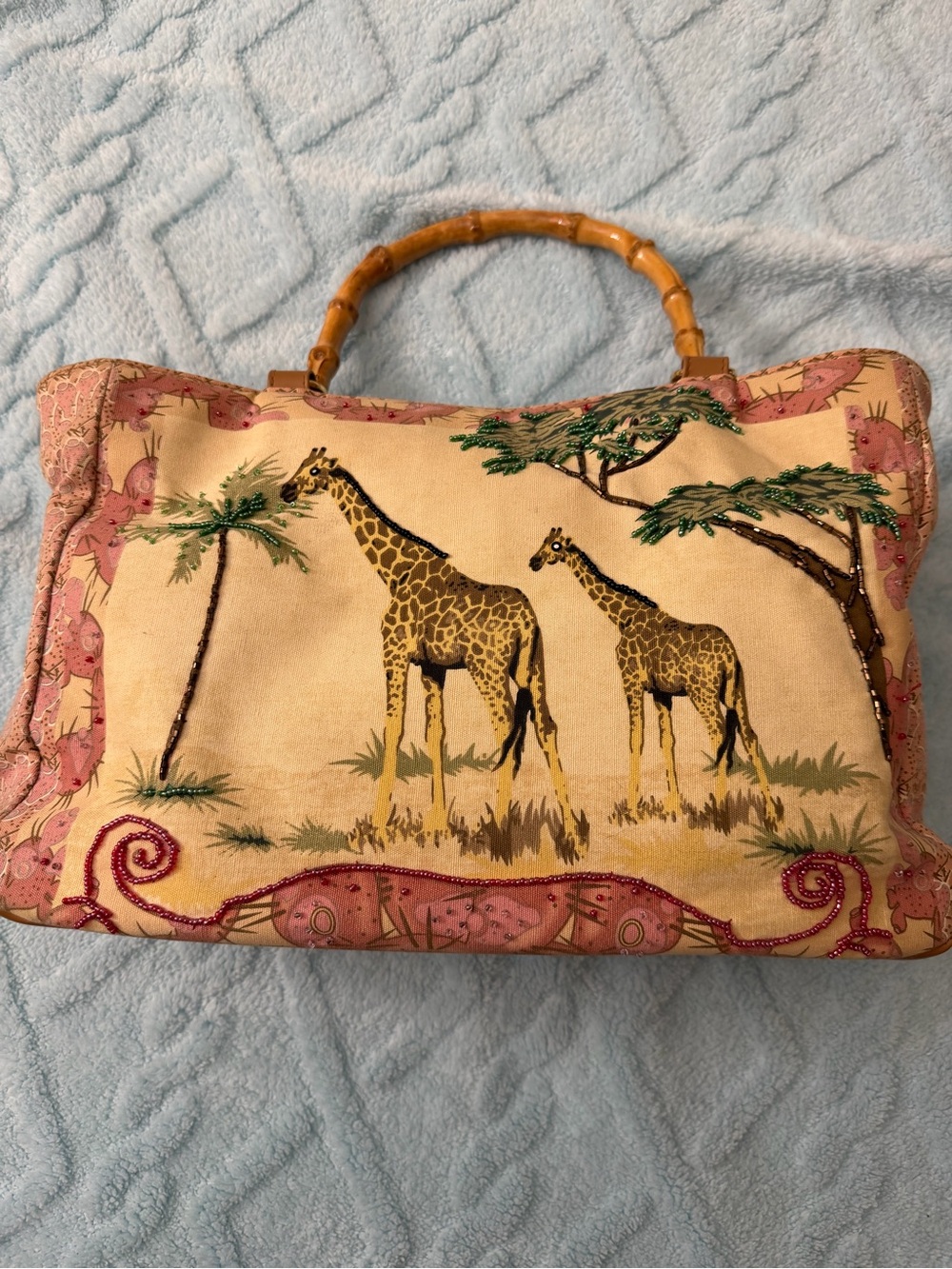 Bueno Beige Canvas bag with giraffes and Pink Trim and Bamboo Handle